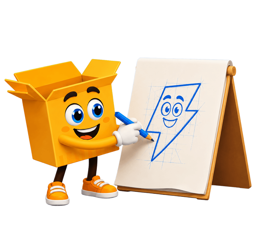 Mascote da MultiExpress desenhando o logo do raio em um cavalete